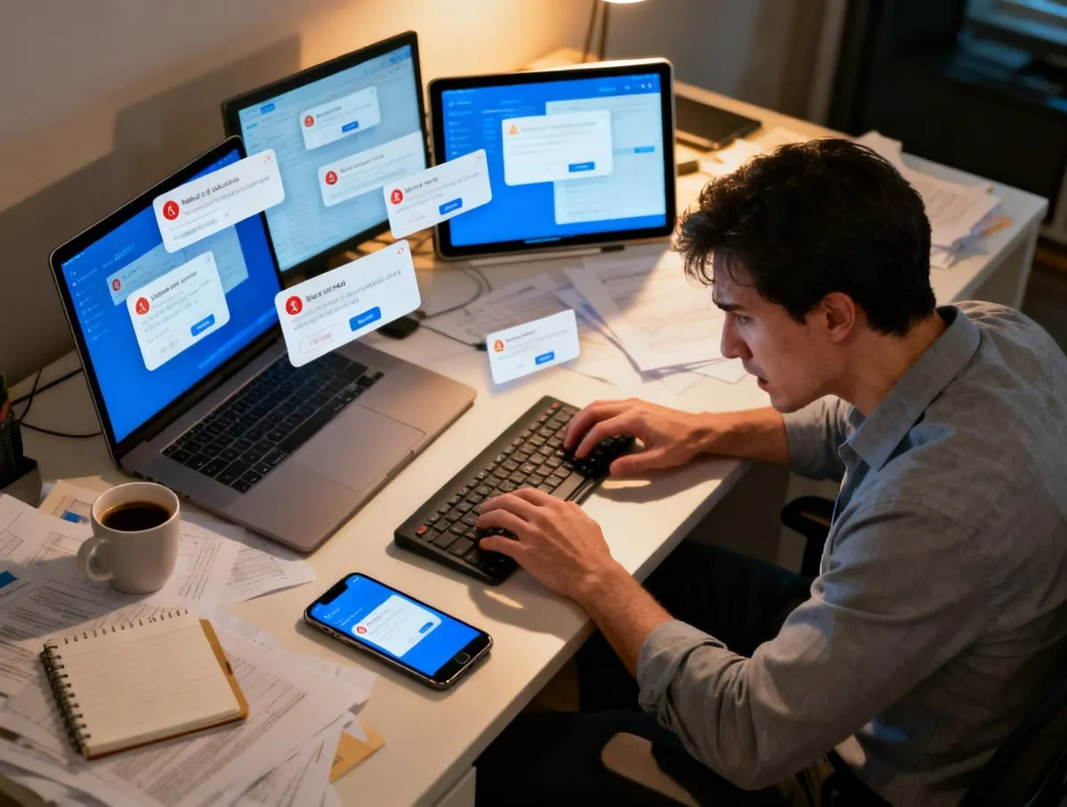 A person at a desk of laptop, monitor and tablet screens covered in stacked pop-up alert dialogs